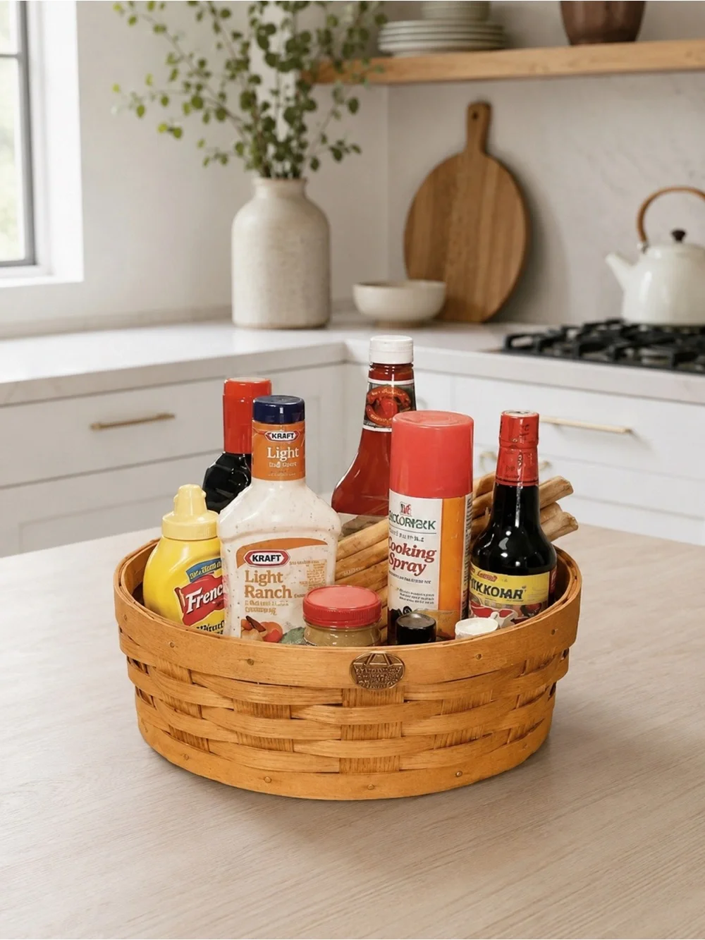 Peterboro Wooden Lazy Susan Basket Organizer Picnic BBQ Kitchen Caddy